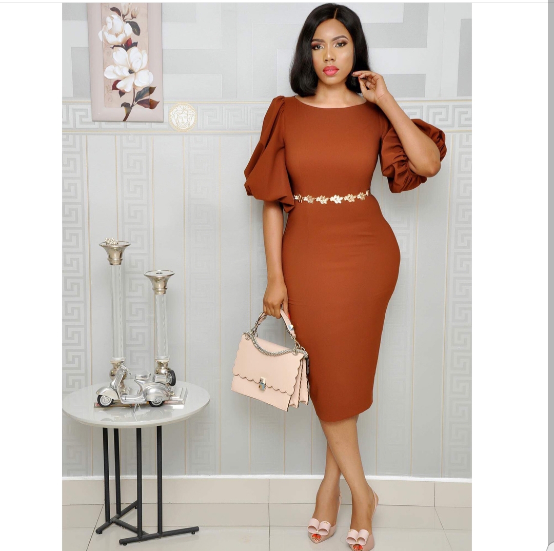 Brown Fitted Puffsleeve Dress photo